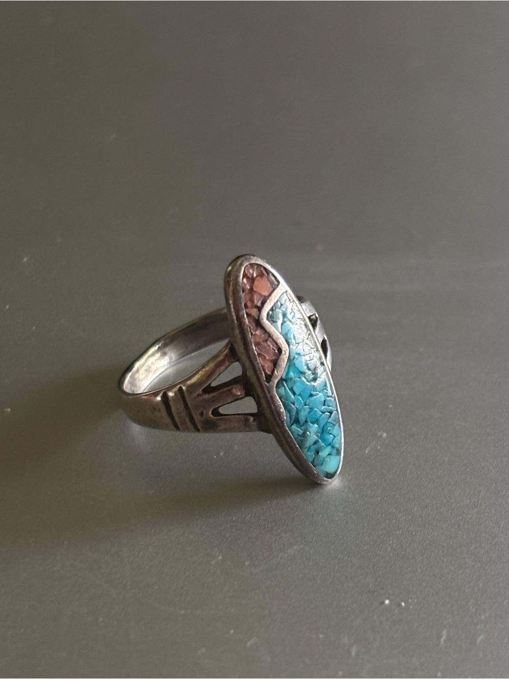 Silver-Inlay Turquoise and Coral Mosaic Ring - Women's Jewelry